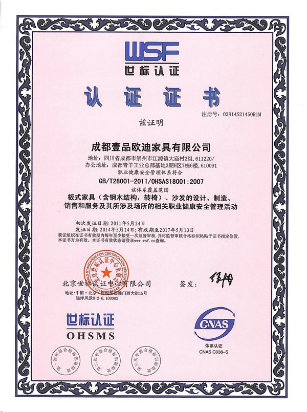 杏鑫娱乐 OHSAS18001认证证书